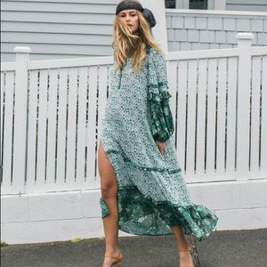 Spell Green Floral Maxi Dress with Patterned Ruffle Sleeves